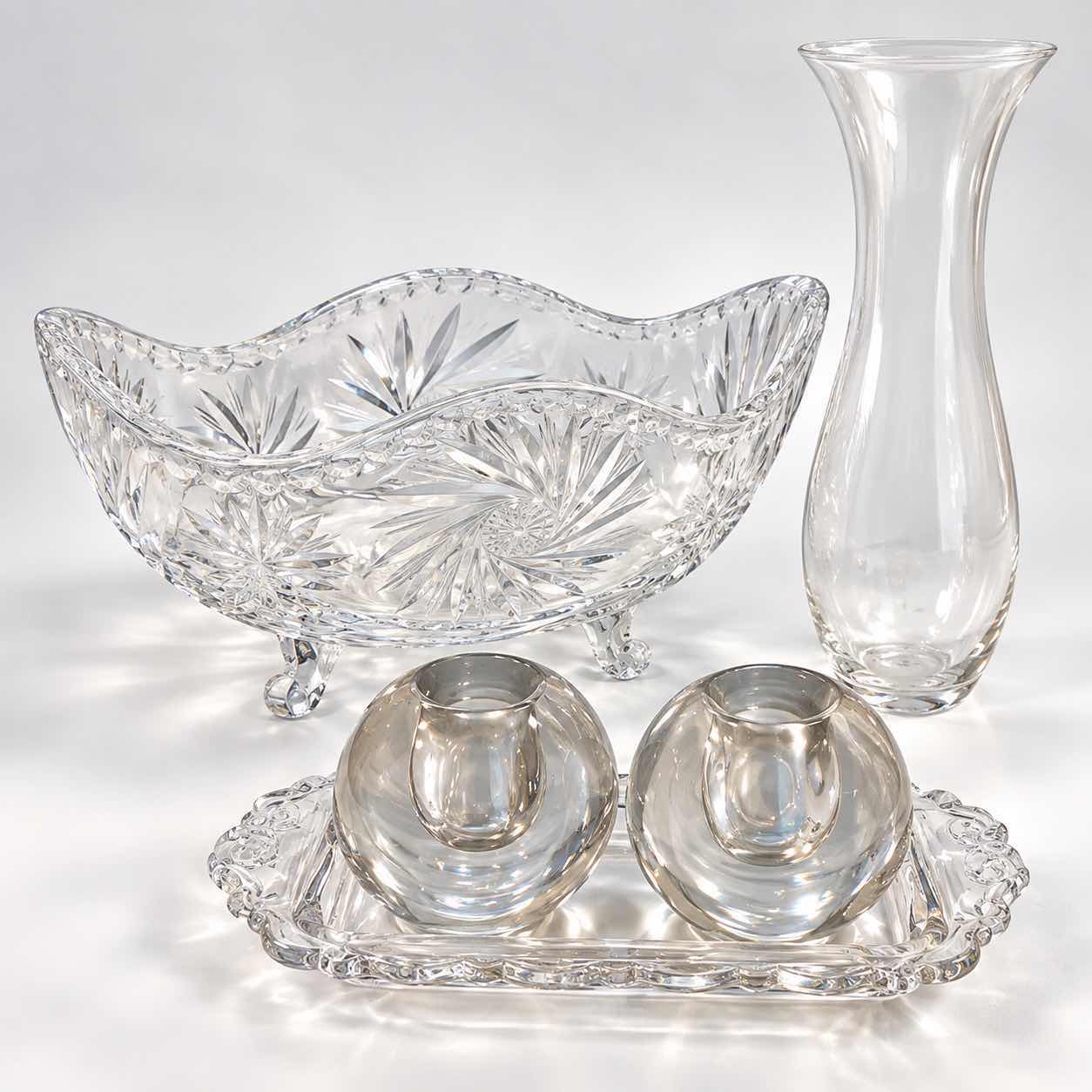 Photo 1 of VINTAGE GLASSWARE – GONDOLA BOAT DISH, ETCHED BUD VASE H9” & MORE