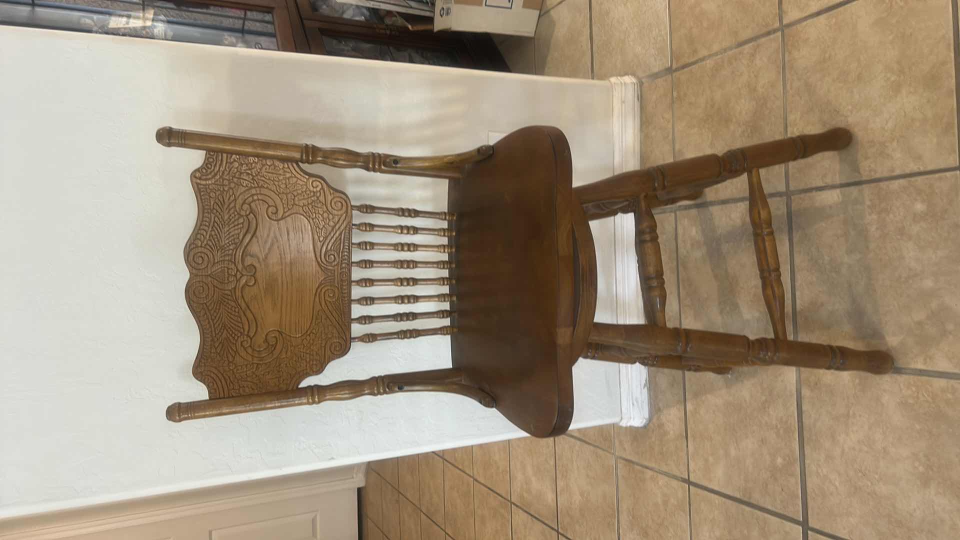 Photo 1 of VINTAGE OAK SWIVEL BARSTOOL WITH ORNATE PRESSBACK CARVED DESIGN ON BACKREST 17“ x 16“ x H42“ SEAT HEIGHT 24”