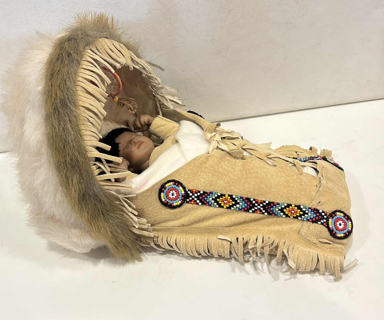 Photo 1 of VINTAGE NATIVE AMERICAN-STYLE PORCELAIN PAPOOSE BABY DOLL
12” x H7” $60