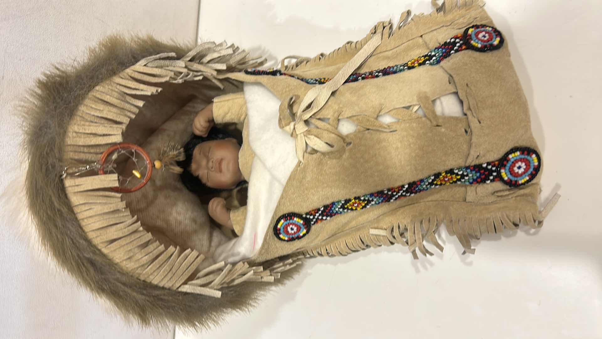 Photo 1 of VINTAGE NATIVE AMERICAN-STYLE PORCELAIN PAPOOSE BABY DOLL
12” x H7” $60