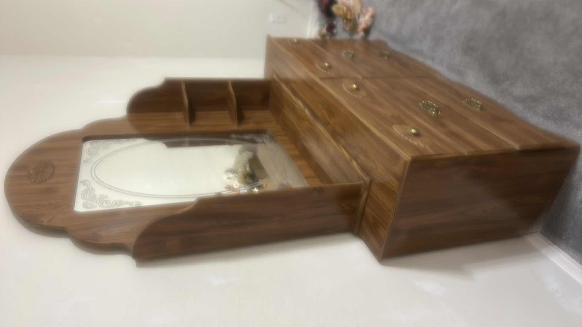 Photo 1 of VINTAGE WOODEN SIX DOOR DRESSER WITH ATTACHED SCALLOPED MIRROR