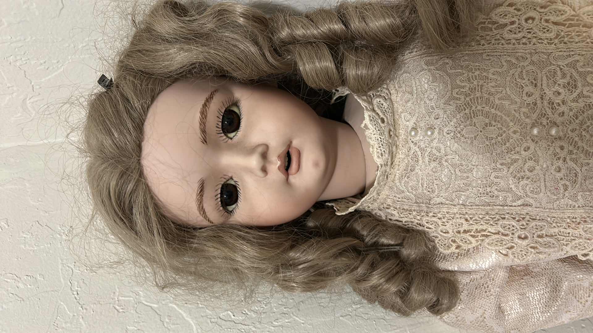 Photo 1 of TALL ANTIQUE STYLE PORCELAIN COLLECTOR DOLL H 38”