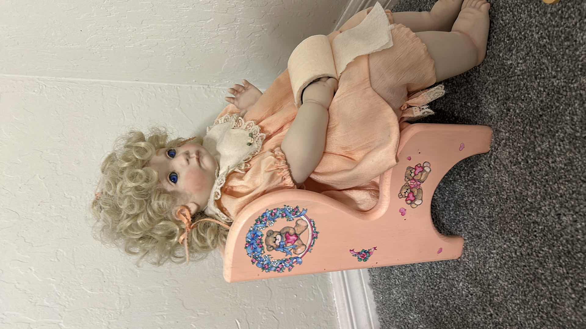 Photo 1 of HANDMADE ARTIST PORCELAIN TODDLER GIRL DOLL ON POTTY CHAIR W TOILET PAPER ROLL H21” $95