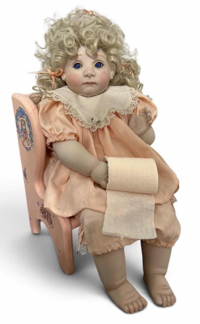 Photo 1 of HANDMADE ARTIST PORCELAIN TODDLER GIRL DOLL ON POTTY CHAIR W TOILET PAPER ROLL H21” $95