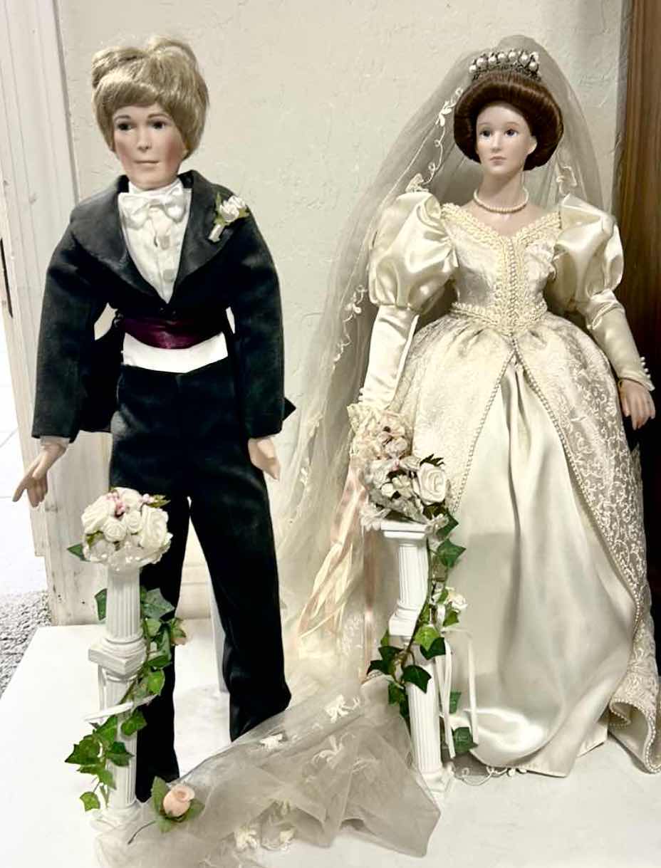 Photo 1 of PORCELAIN BRIDE AND GROOM DOLLS 18”