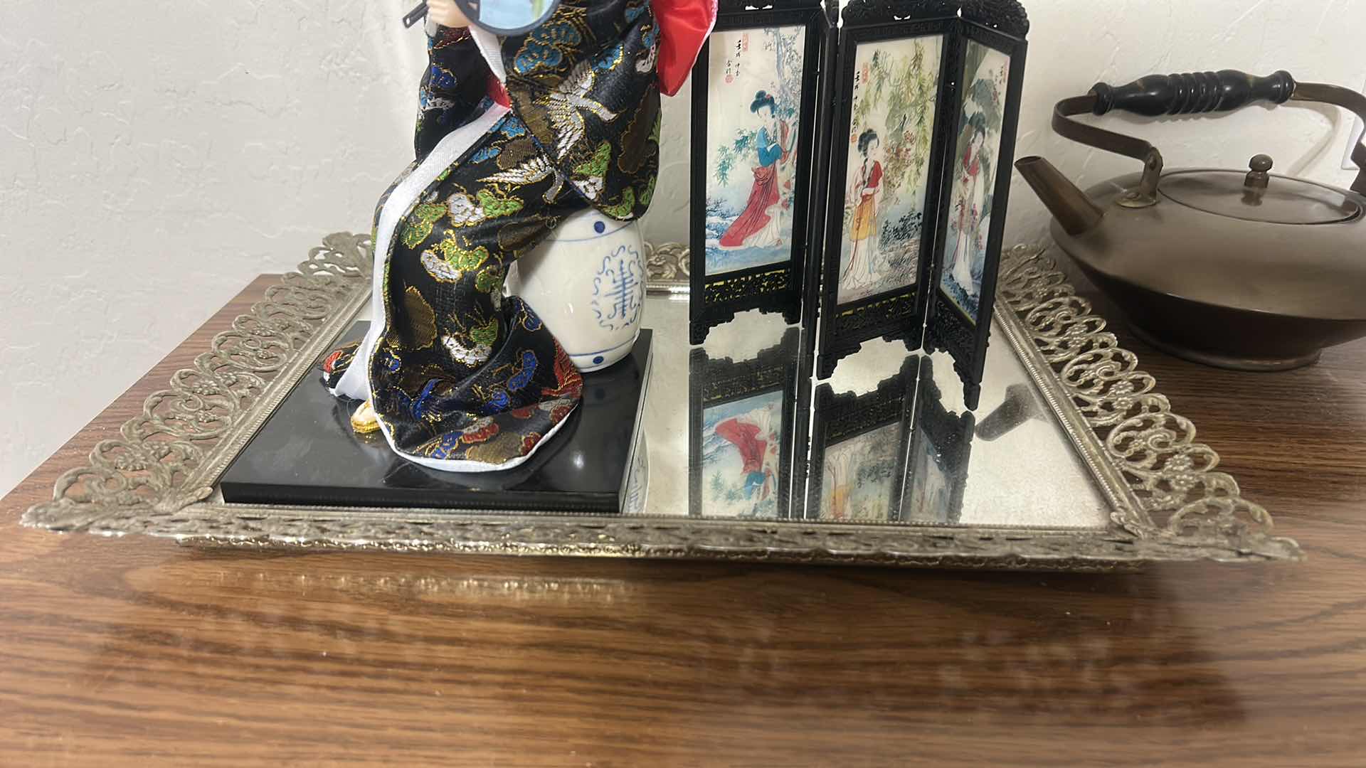 Photo 1 of VINTAGE JAPANESE GEISHA DOLL, DECORATIVE FOLDING SCREEN, ORNATE MIRRORED TRAY & BRONZE TEAPOT