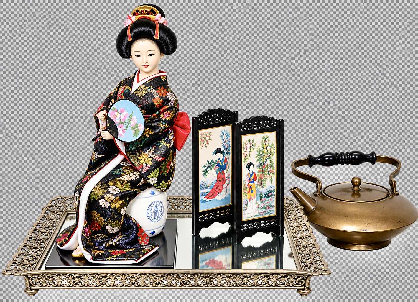 Photo 1 of VINTAGE JAPANESE GEISHA DOLL, DECORATIVE FOLDING SCREEN, ORNATE MIRRORED TRAY & BRONZE TEAPOT
