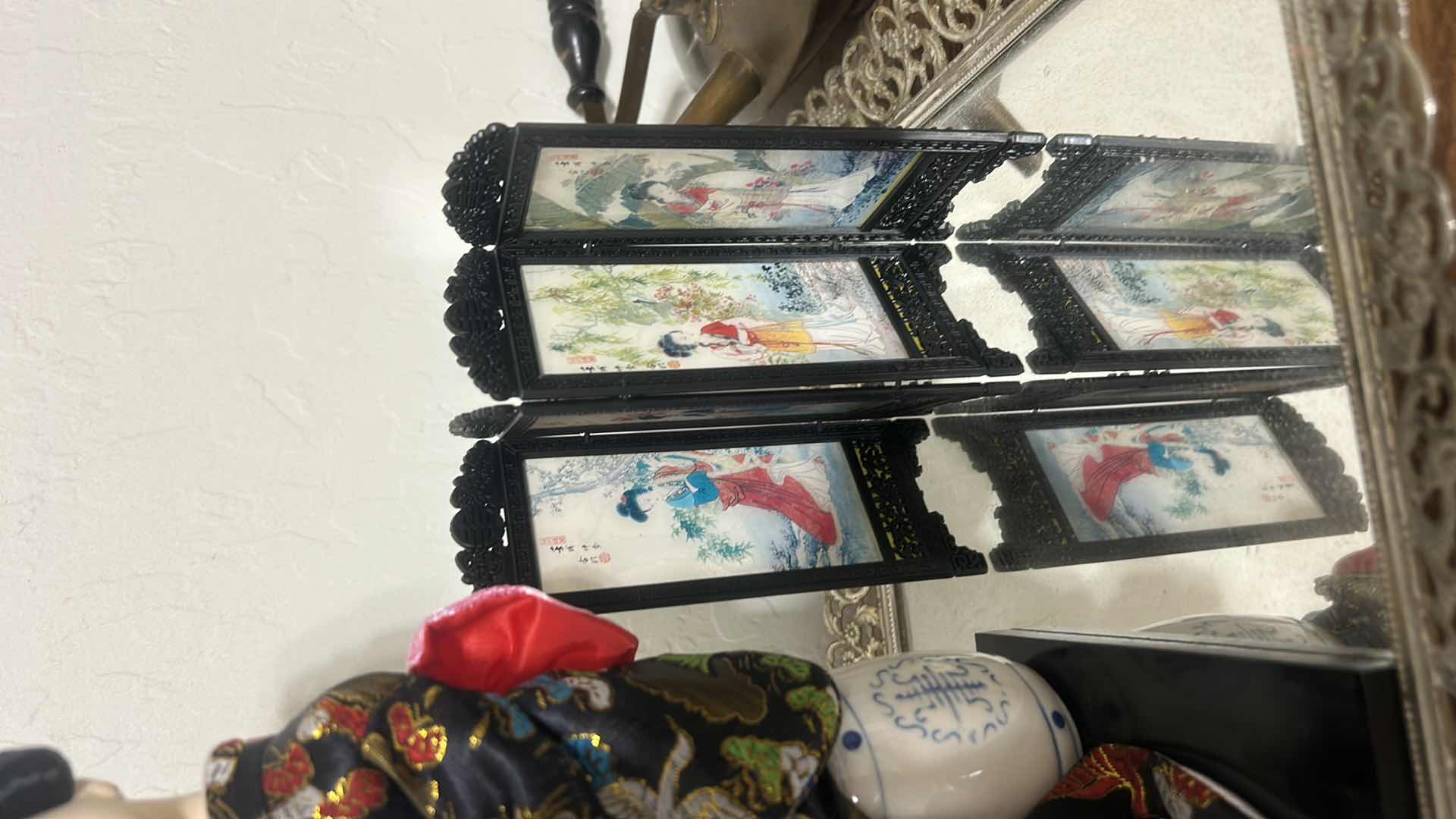 Photo 1 of VINTAGE JAPANESE GEISHA DOLL, DECORATIVE FOLDING SCREEN, ORNATE MIRRORED TRAY & BRONZE TEAPOT