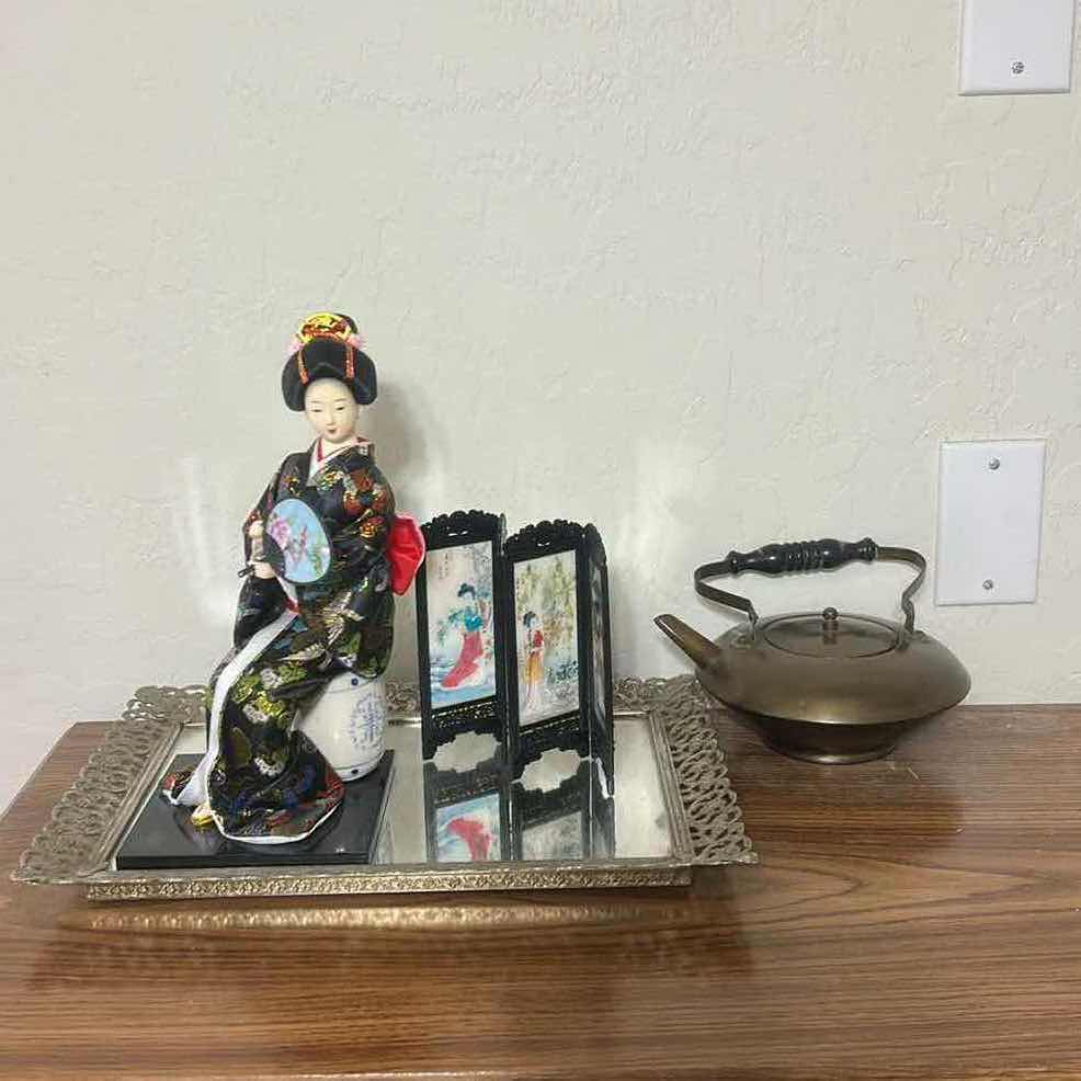 Photo 1 of VINTAGE JAPANESE GEISHA DOLL, DECORATIVE FOLDING SCREEN, ORNATE MIRRORED TRAY & BRONZE TEAPOT