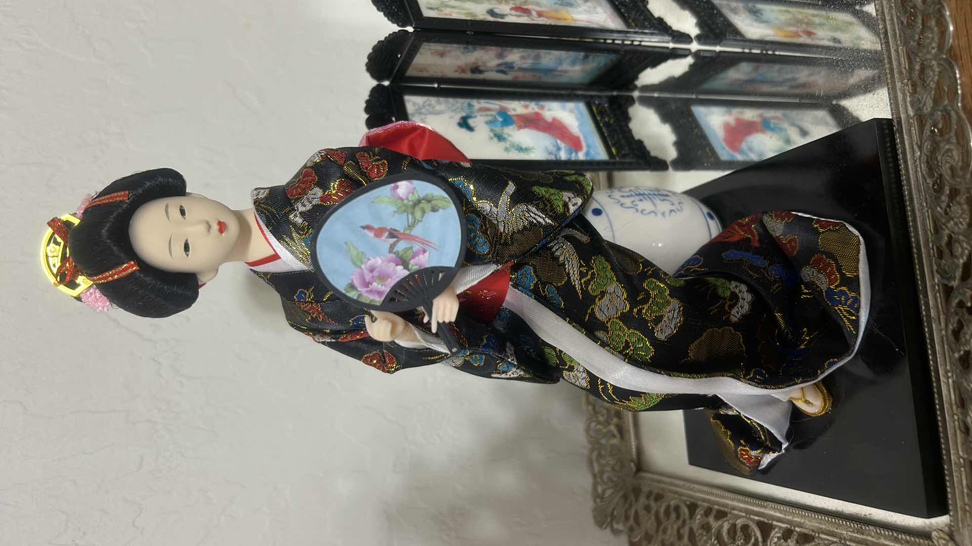 Photo 1 of VINTAGE JAPANESE GEISHA DOLL, DECORATIVE FOLDING SCREEN, ORNATE MIRRORED TRAY & BRONZE TEAPOT