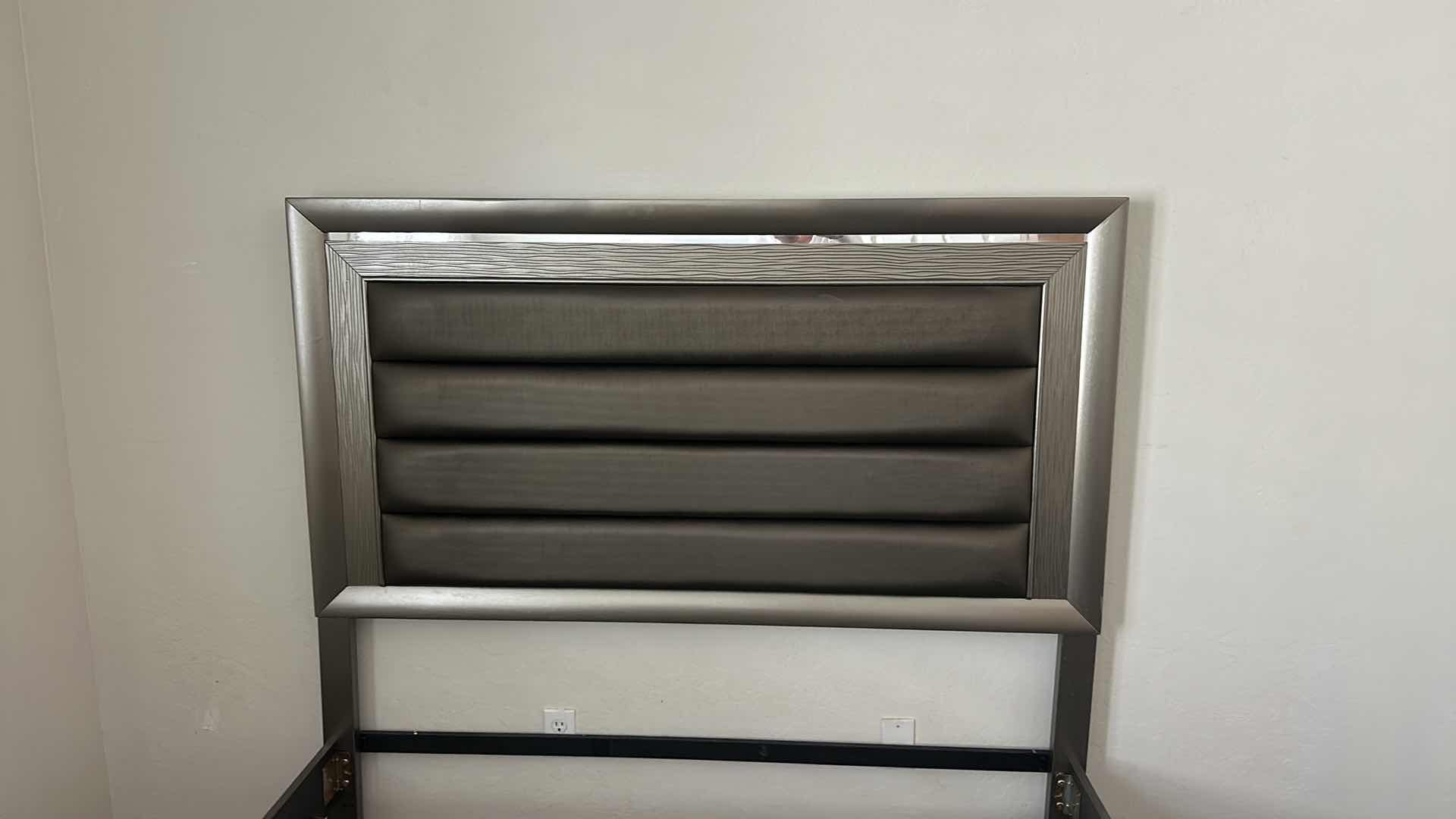 Photo 1 of SILVER METALLIC MODERN PLATFORM BED FRAME W ORNATE CHANNEL-TUFTED HEADBOARD 63 1/2“ x 85“ x H58 1/2“