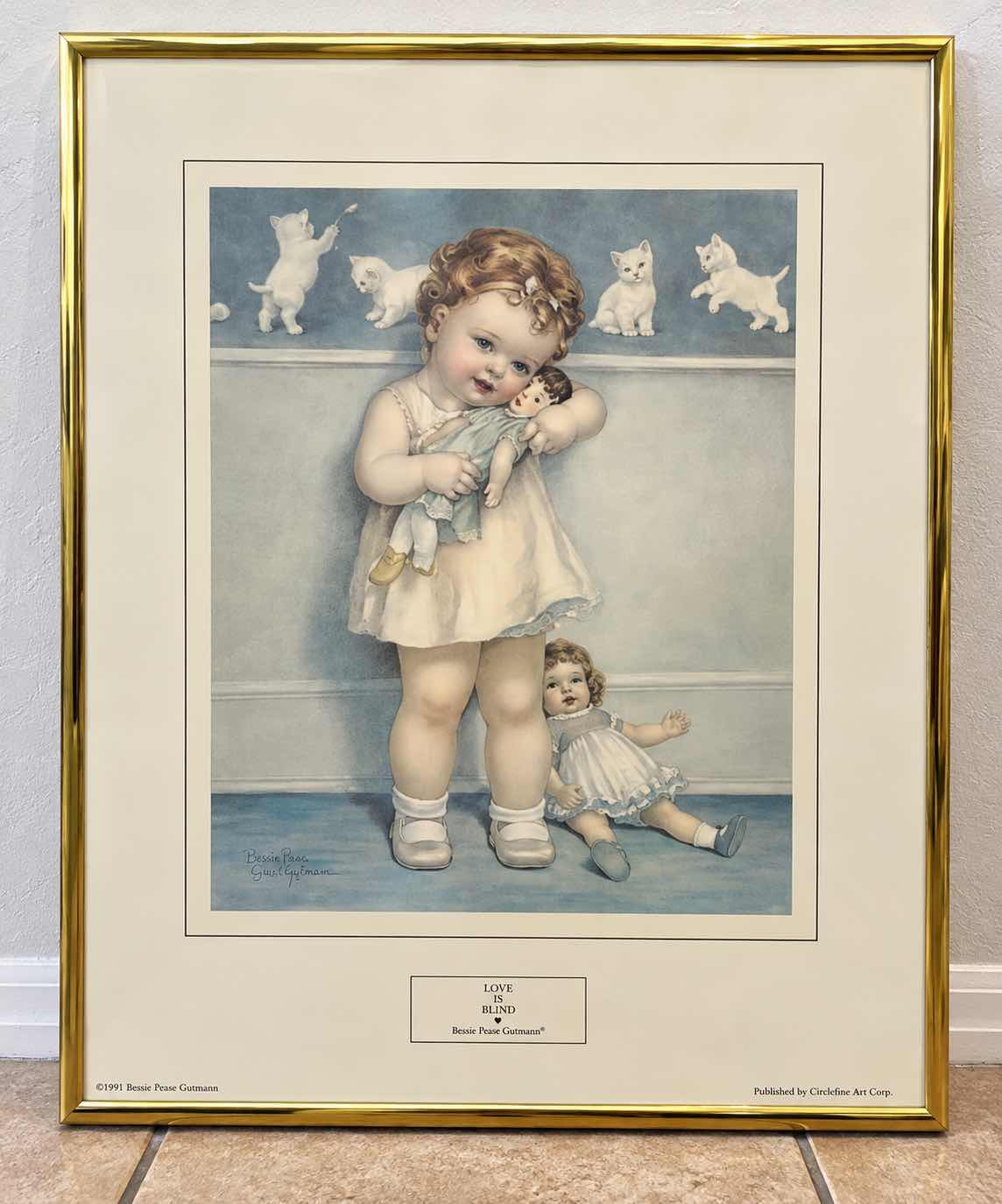 Photo 1 of FRAMED 1991 OFFSET LITHOGRAPH PRINT TITLED "LOVE IS BLIND" BY AMERICAN ILLUSTRATOR BESSIE PEASE GUTMANN (1876–1960) ARTWORK 18 1/2” x 20.5”