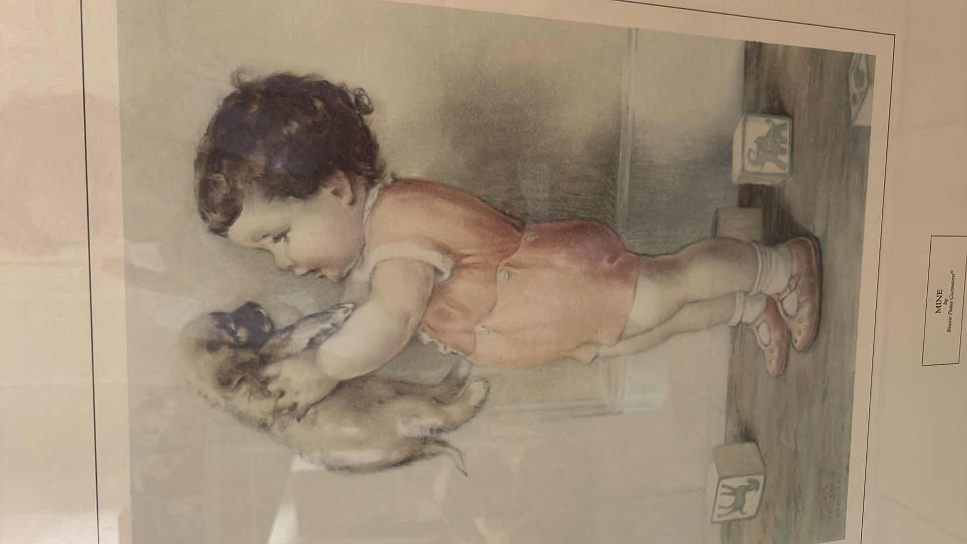 Photo 1 of FRAMED 1991 OFFSET LITHOGRAPH PRINT TITLED "MINE" BY AMERICAN ILLUSTRATOR BESSIE PEASE GUTMANN (1876–1960). ARTWORK 18 1/2” x 20.5”