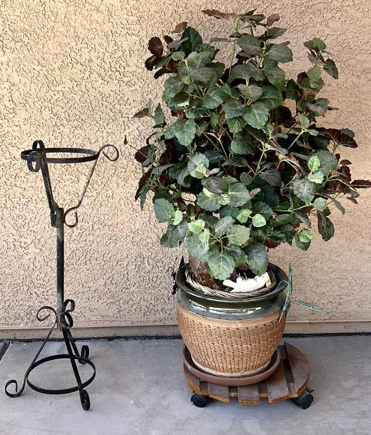 Photo 1 of OUTDOOR DECOR- POT WITH FAUX GREENERY, PLANT STAND H 27.5”