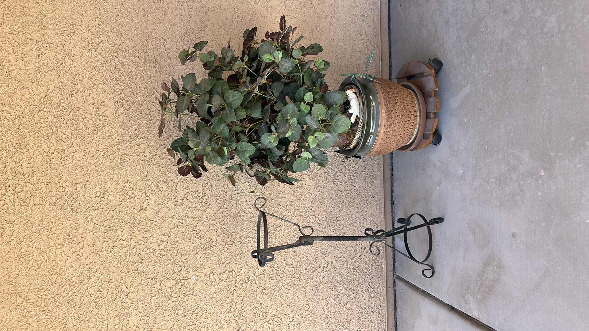 Photo 1 of OUTDOOR DECOR- POT WITH FAUX GREENERY, PLANT STAND H 27.5”