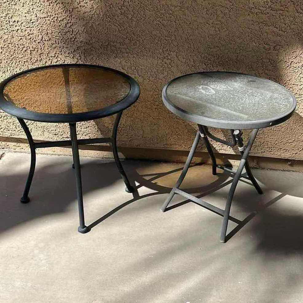 Photo 1 of TWO ROUND METAL & GLASS OUTDOOR PATIO SIDE TABLES 19” x H20”