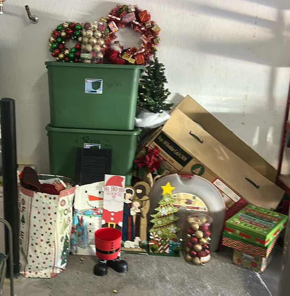 Photo 1 of CHRISTMAS TREE & 3 BINS OF CHRISTMAS DECOR & MORE