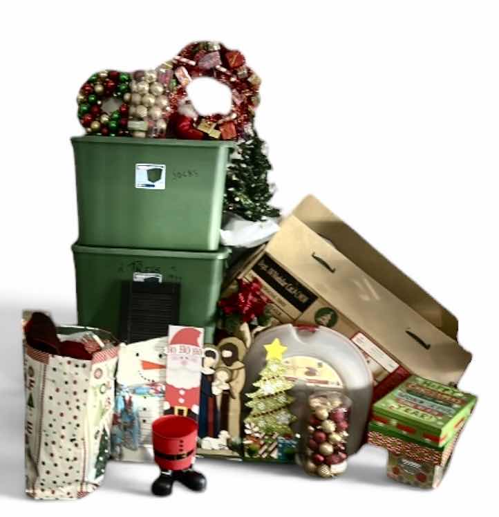 Photo 1 of CHRISTMAS TREE & 3 BINS OF CHRISTMAS DECOR & MORE
