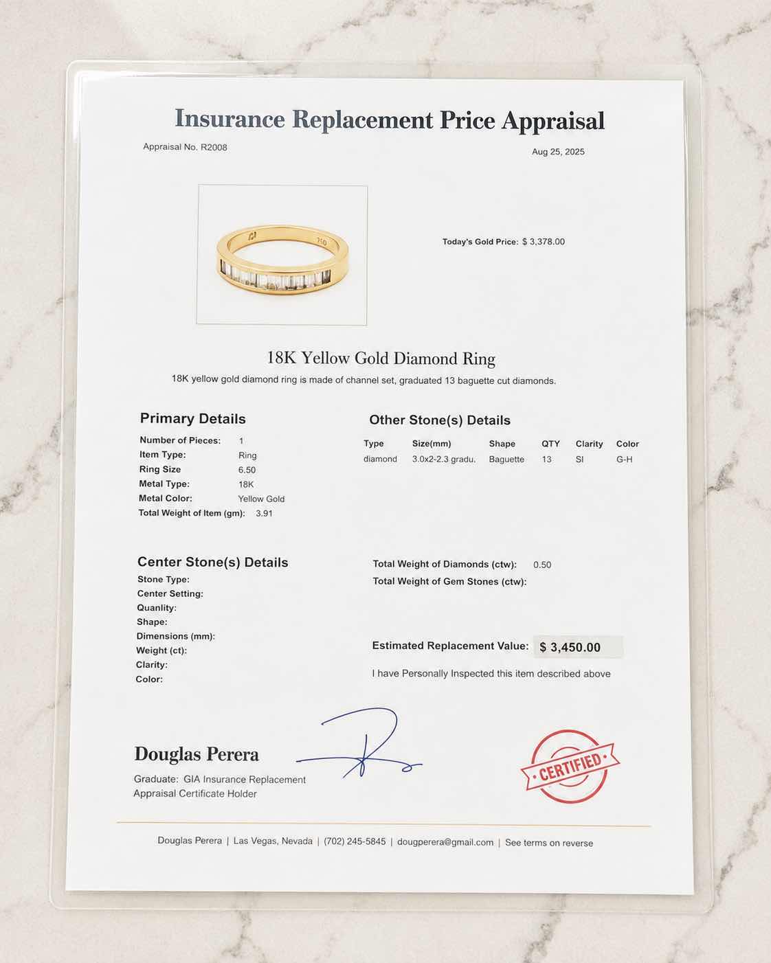 Photo 1 of 18K YELLOW GOLD DIAMOND RING 3.9 1G SIZE 6 1/2 W APPRAISAL #2008 $3378