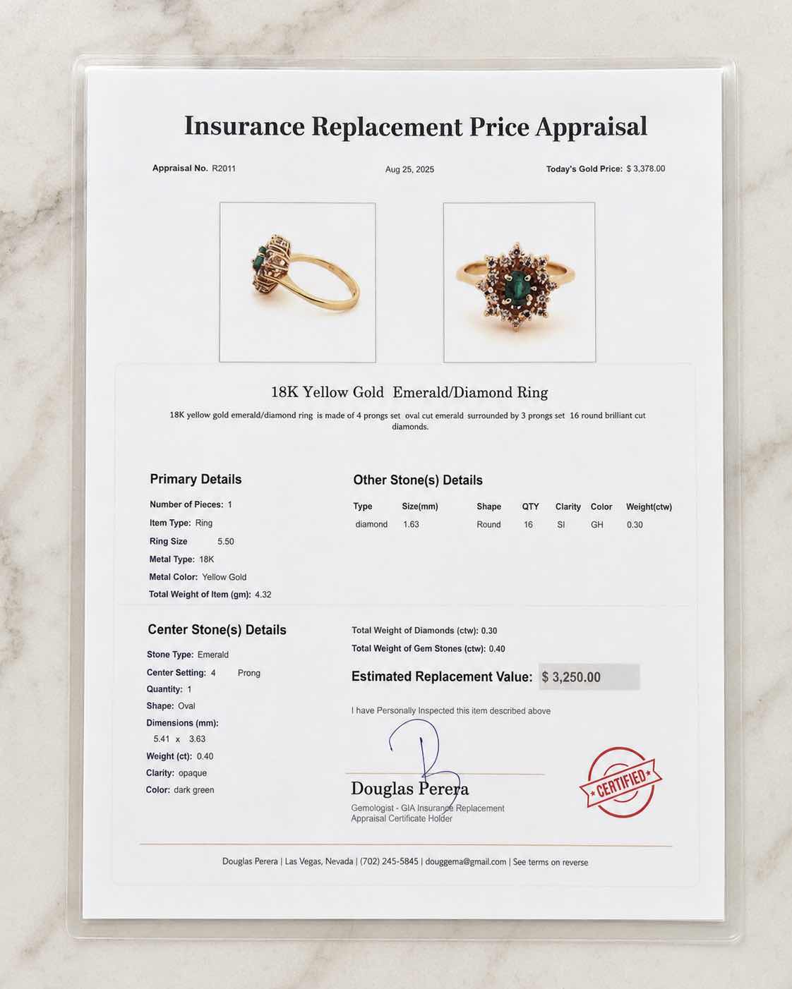 Photo 1 of 18K YELLOW GOLD EMERALD/DIAMOND 4.4G RING (SIZE 5 1/2)
W APPRAISAL #2008