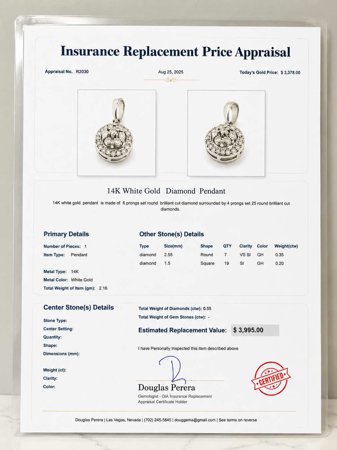 Photo 1 of 14K WHITE GOLD 0.55 DIAMOND PENDANT 2.16 G W APPRAISAL #2030 $3995