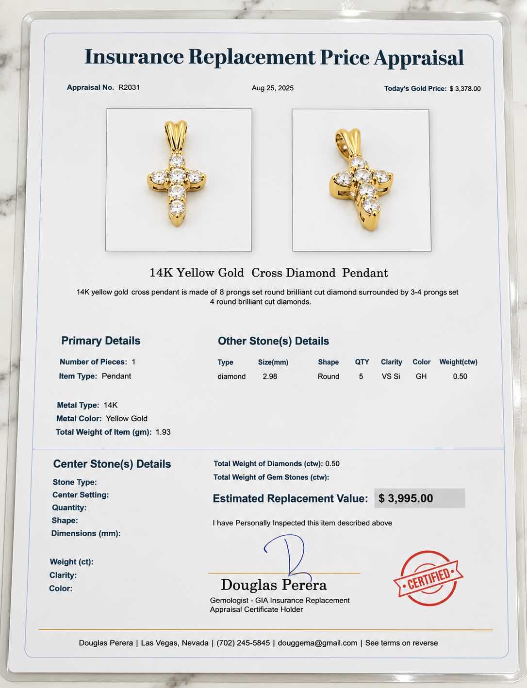 Photo 1 of 14K YELLOW GOLD 0.50 CTW DIAMOND CROSS PENDANT 1.93 G W APPRAISAL #2031 $3995