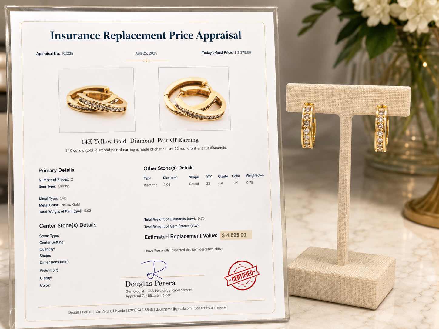 View 4 of 14K YELLOW GOLD 0.75 CTW DIAMOND EARRINGS 5.03G W APPRAISAL #2035 $4895