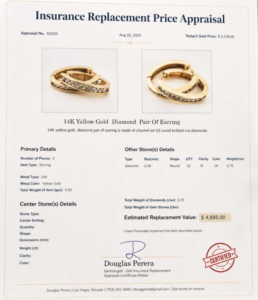 View 5 of 14K YELLOW GOLD 0.75 CTW DIAMOND EARRINGS 5.03G W APPRAISAL #2035 $4895