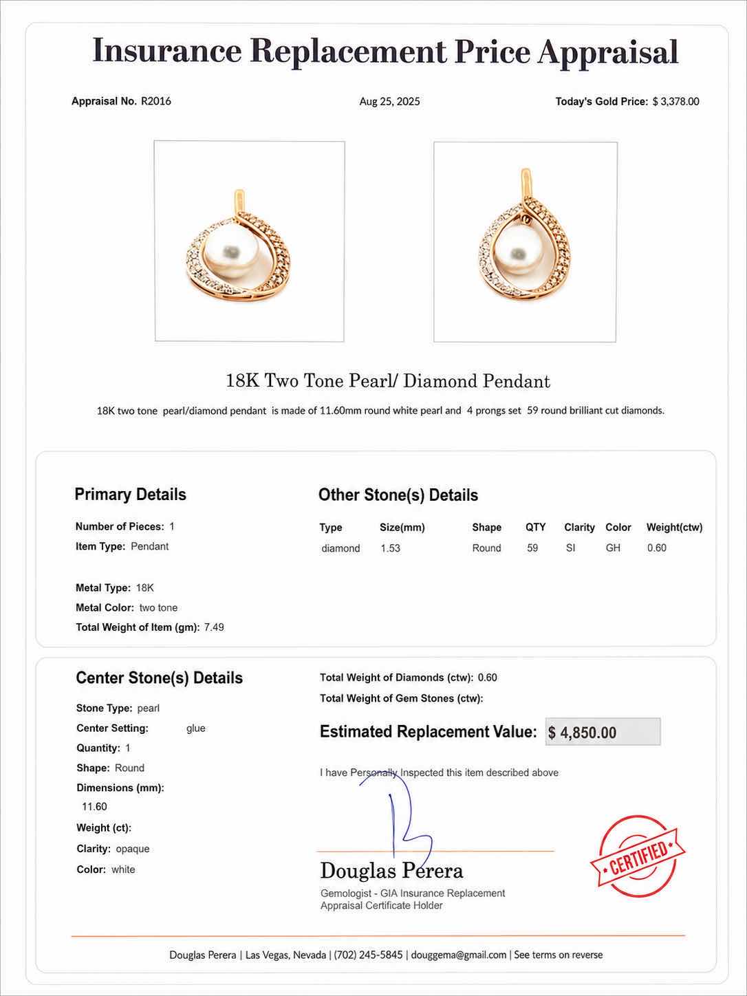 Photo 1 of 18K TWO-TONE YELLOW GOLD PEARL/DIAMOND PENDANT .6 0CTW DIAMOND 7.49 G W APPRAISAL #2016