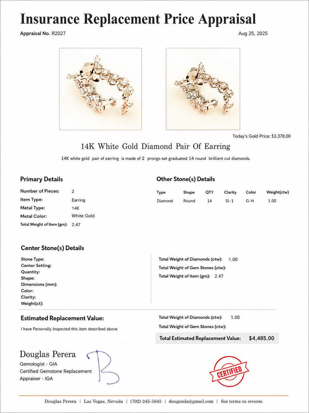 Photo 1 of 14K WHITE GOLD 1CTW DIAMOND EARRINGS 2.47 G W APPRAISAL #2027