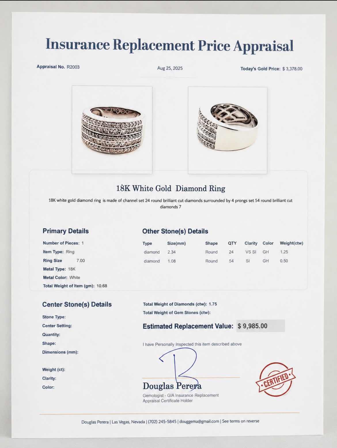 Photo 1 of 18K WHITE GOLD W 1.75 CTW DIAMOND RING 10.68G (EST SIZE 6-7) W APPRAISAL #2003