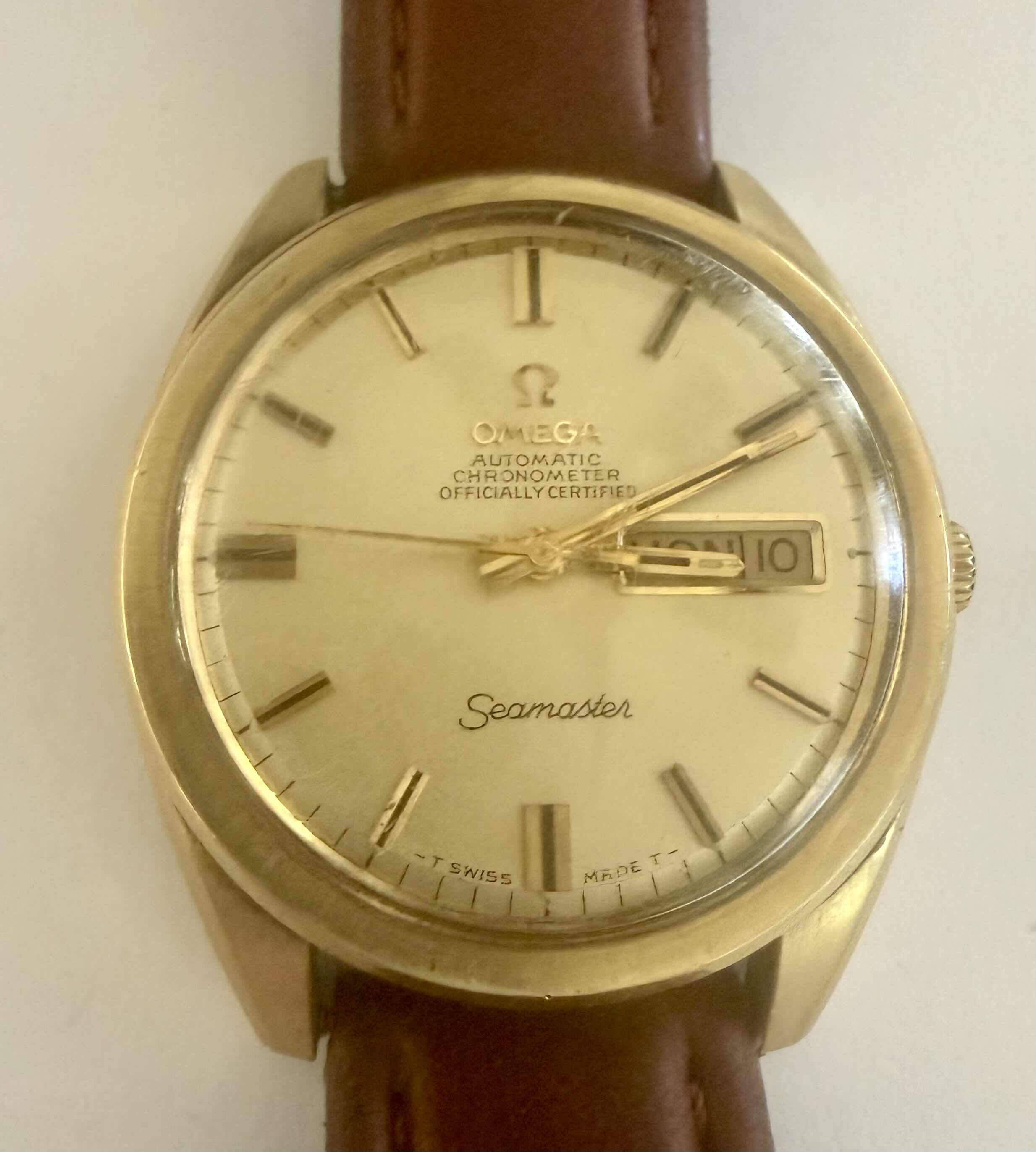 Photo 1 of VINTAGE OMEGA SEAMASTER WATCH W 14 KT GOLD CAP CASE & CHAMPAGNE DIAL W DAY DATE