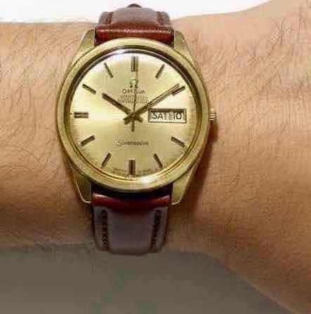 Photo 1 of VINTAGE OMEGA SEAMASTER WATCH W 14 KT GOLD CAP CASE & CHAMPAGNE DIAL W DAY DATE