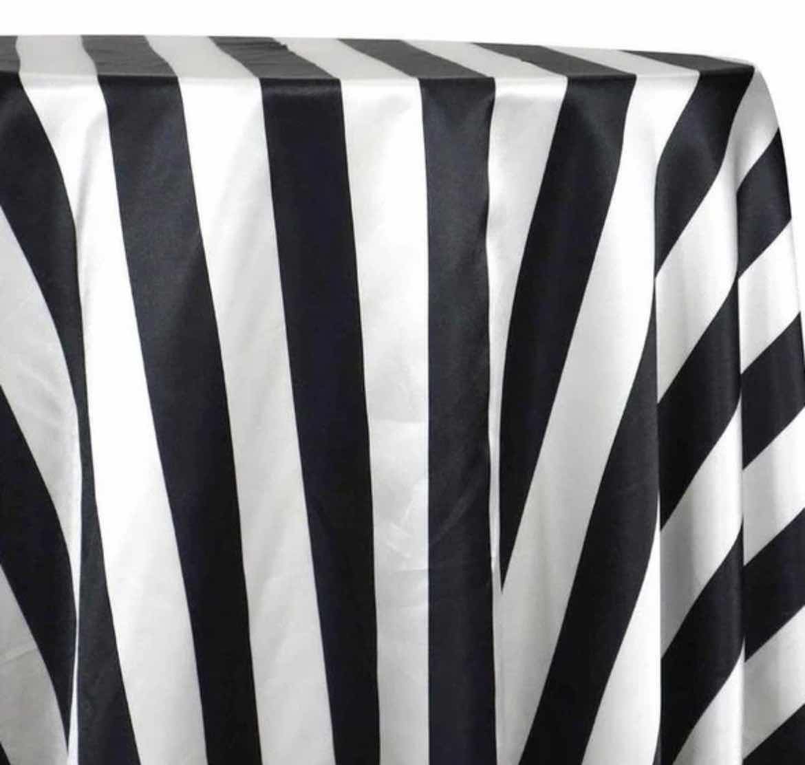 Photo 1 of 85” SATIN BLACK AND WHITE STRIPE TABLE LINEN