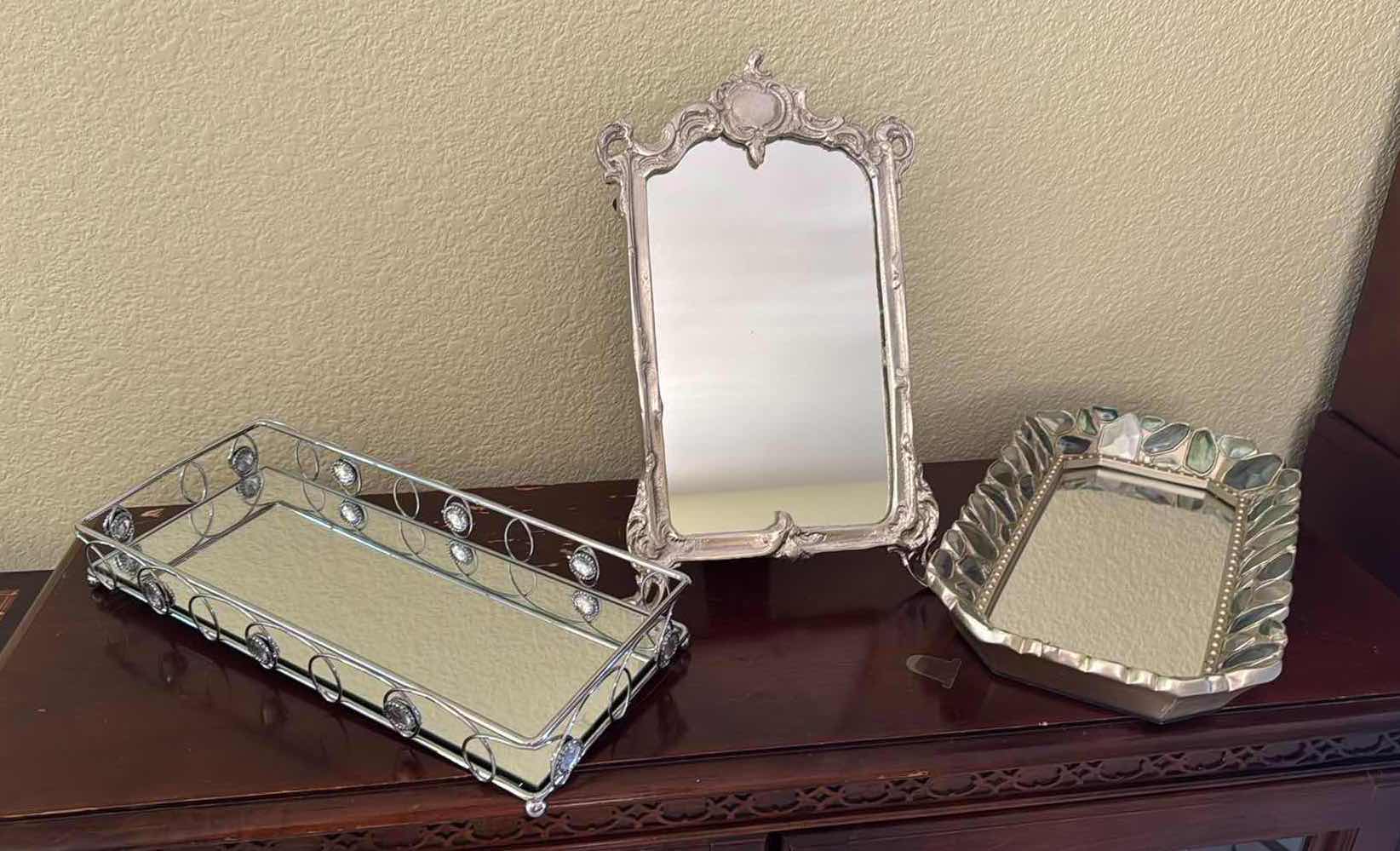 Photo 1 of SILVER DESIGN FRAMED MIRROR, 2–SILVER VANITY TRAYS