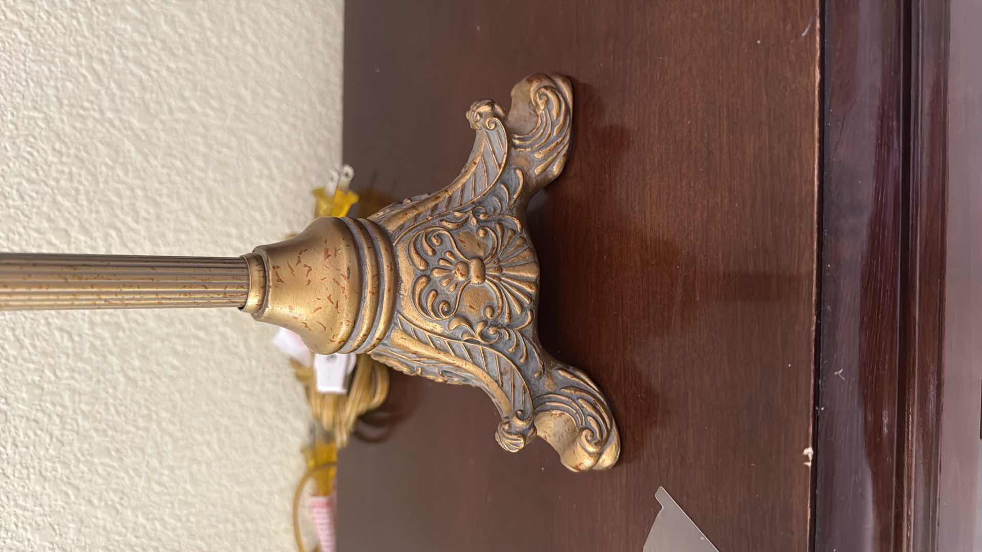Photo 1 of 2-VINTAGE GOLD BRASS TABLE LAMPS W GREEN & BLUE BEADED SHADES H28”