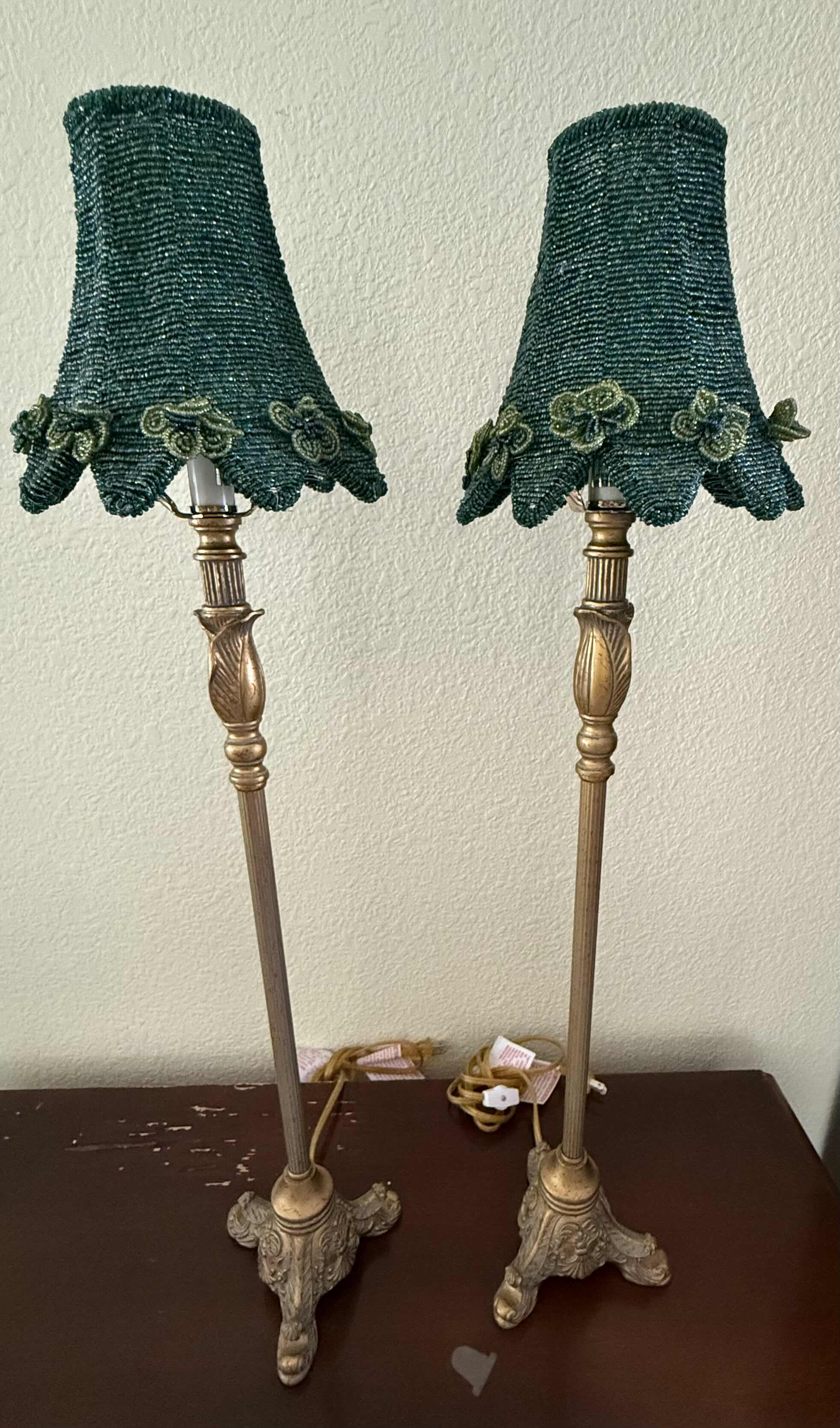 Photo 1 of 2-VINTAGE GOLD BRASS TABLE LAMPS W GREEN & BLUE BEADED SHADES H28”