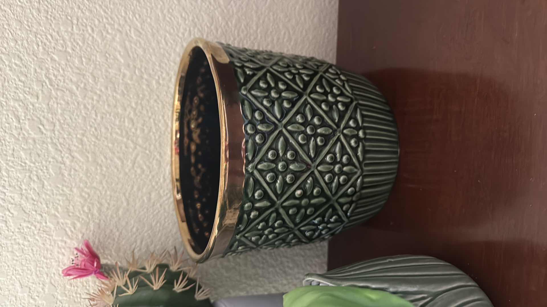 Photo 1 of 2-POTTED FAUX PLANTS, 3- GREEN COLORED VASES