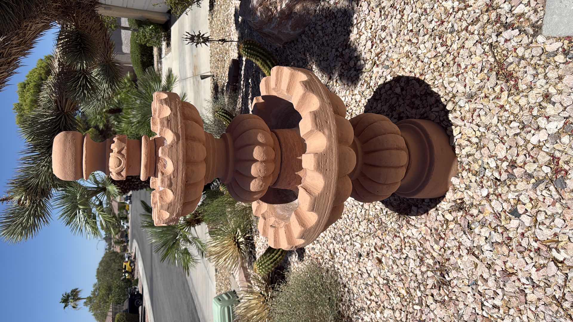 Photo 1 of OUTDOOR TERRA COTTA HEAVY CAST STONE 3-TIERED FOUNTAIN W SCALLOPED BOWL EDGES D26” H56”