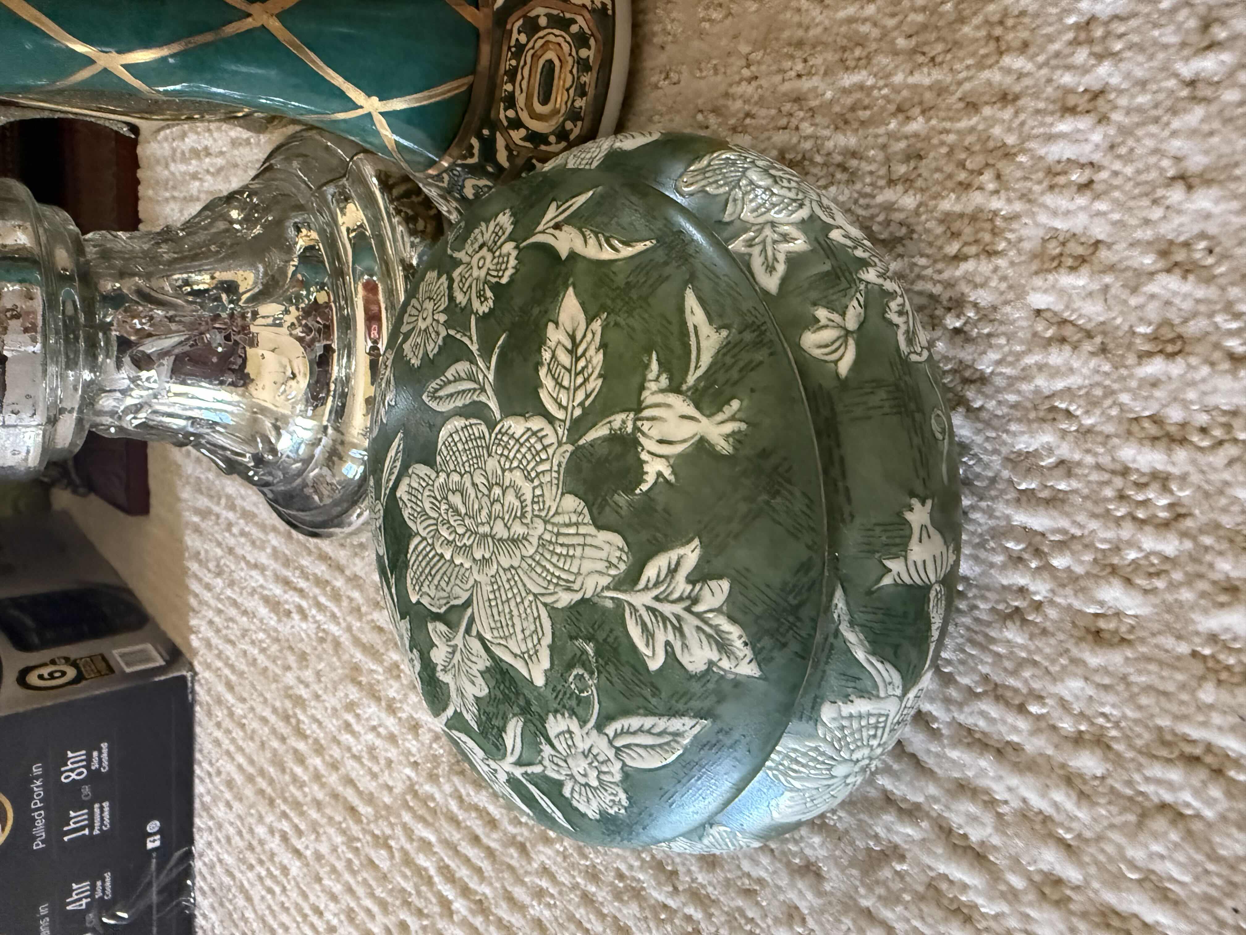 Photo 1 of 5 PCS-VASES, CANDLEHOLDERS & GREEN FLORAL COVERED BOWL