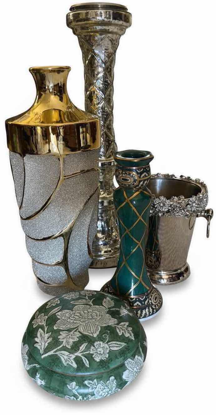 Photo 1 of 5 PCS-VASES, CANDLEHOLDERS & GREEN FLORAL COVERED BOWL