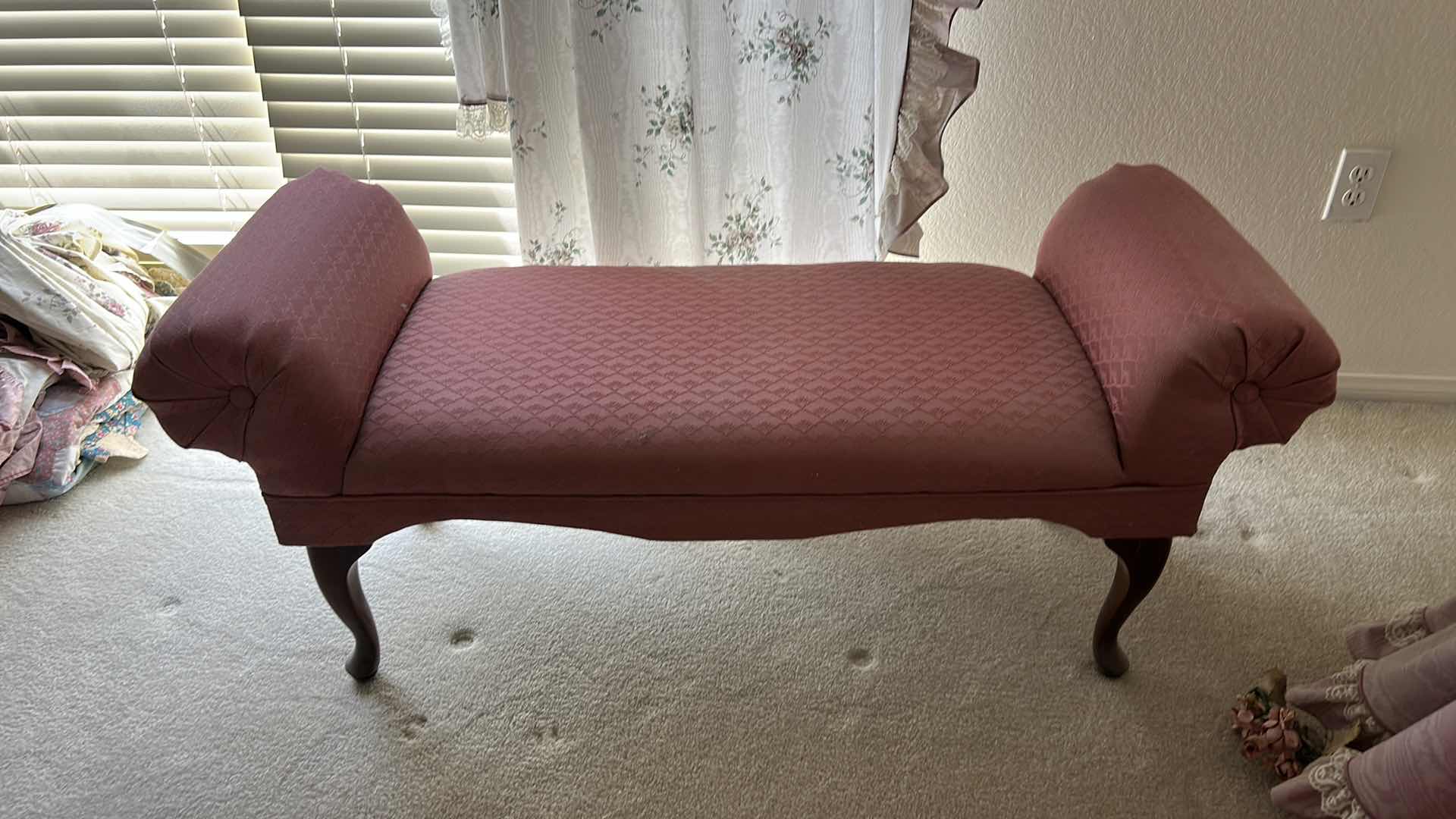 Photo 1 of UPHOLSTERED BENCH FEATURING ROLLED ARMS AND QUEEN ANNE STYLE LEGS. 47” x 17” x H21 1/2” (SEAT HEIGHT IS 16 1/2 INCHES)