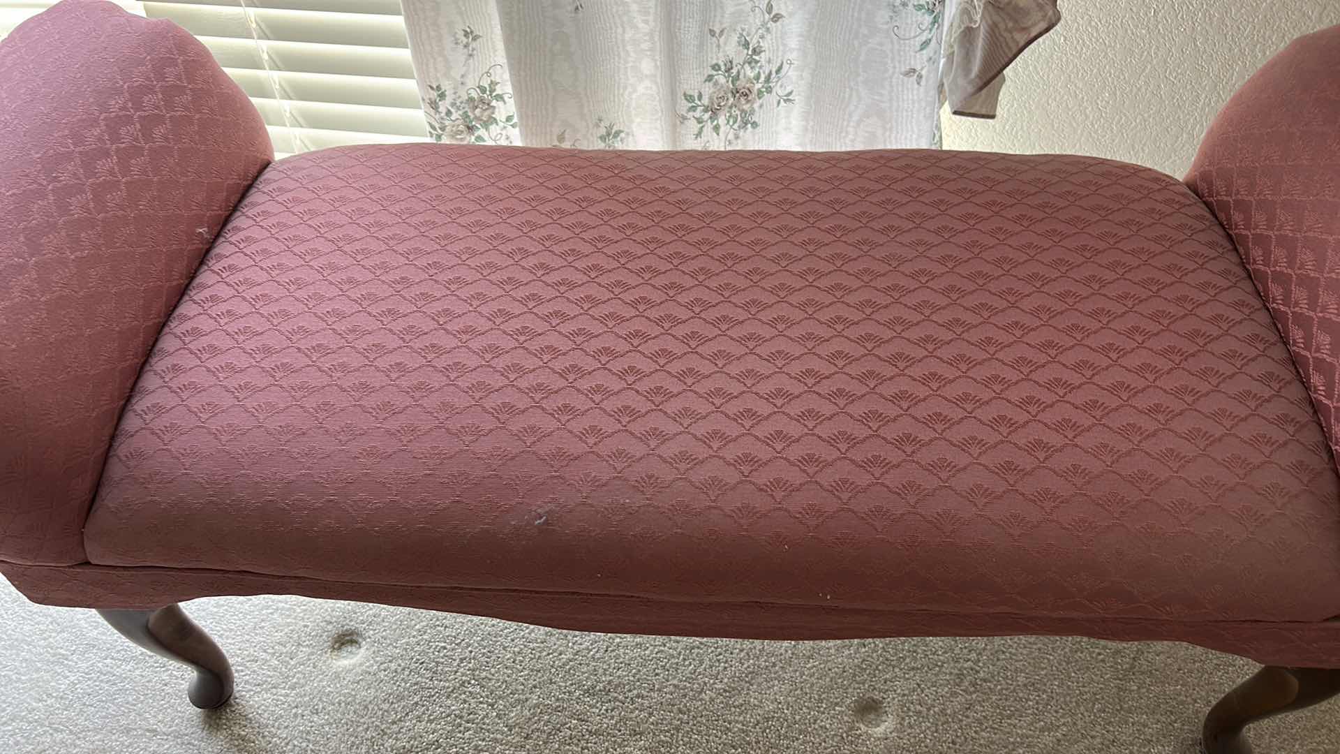 Photo 1 of UPHOLSTERED BENCH FEATURING ROLLED ARMS AND QUEEN ANNE STYLE LEGS. 47” x 17” x H21 1/2” (SEAT HEIGHT IS 16 1/2 INCHES)