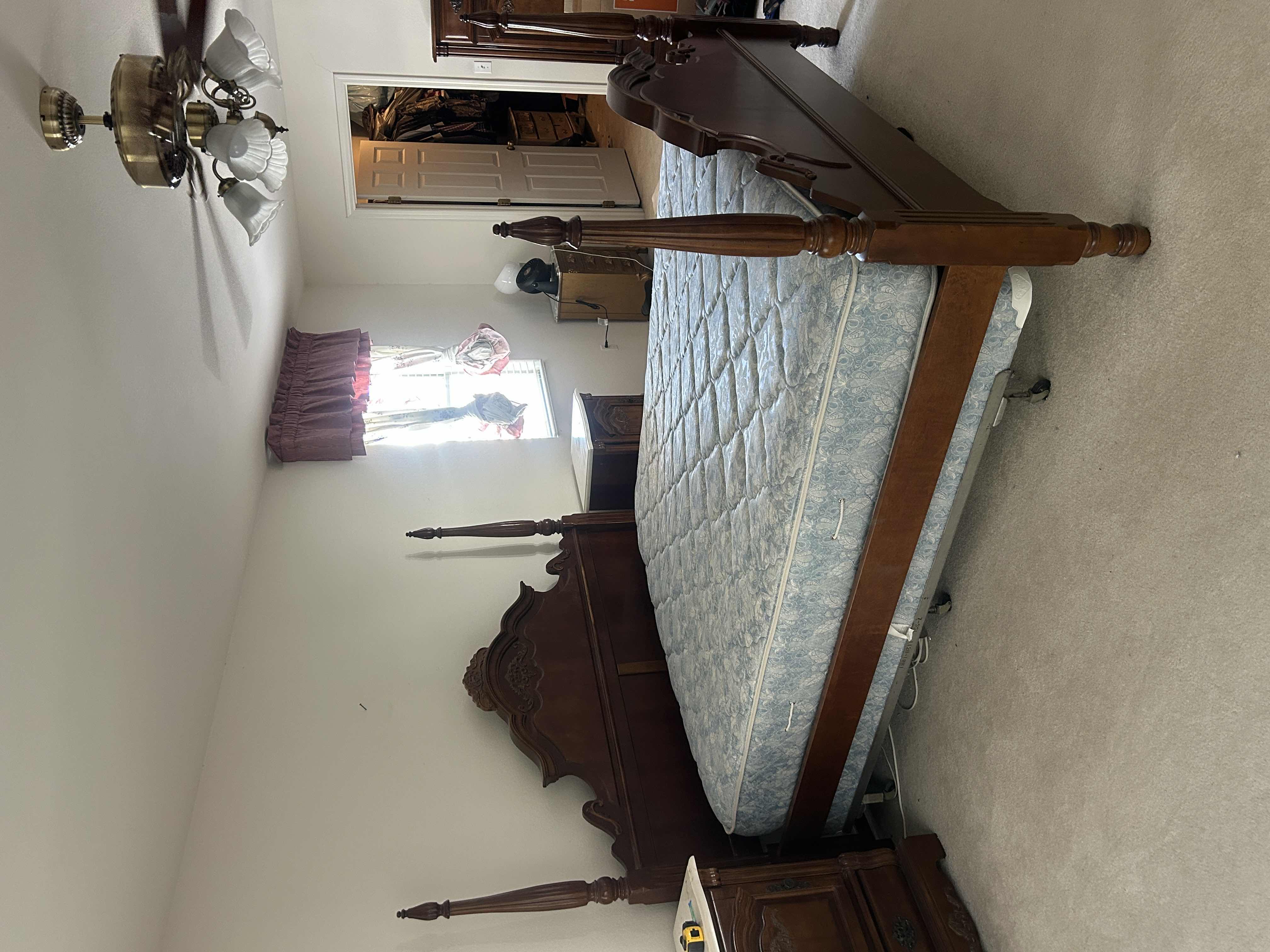 Photo 1 of CHERRY WOOD VINTAGE FOUR POSTER BED FEATURING TURNED POSTS WITH FINIALS AND CARVED ARCHED HEADBOARD, 81“ x 94” x H67” $2200