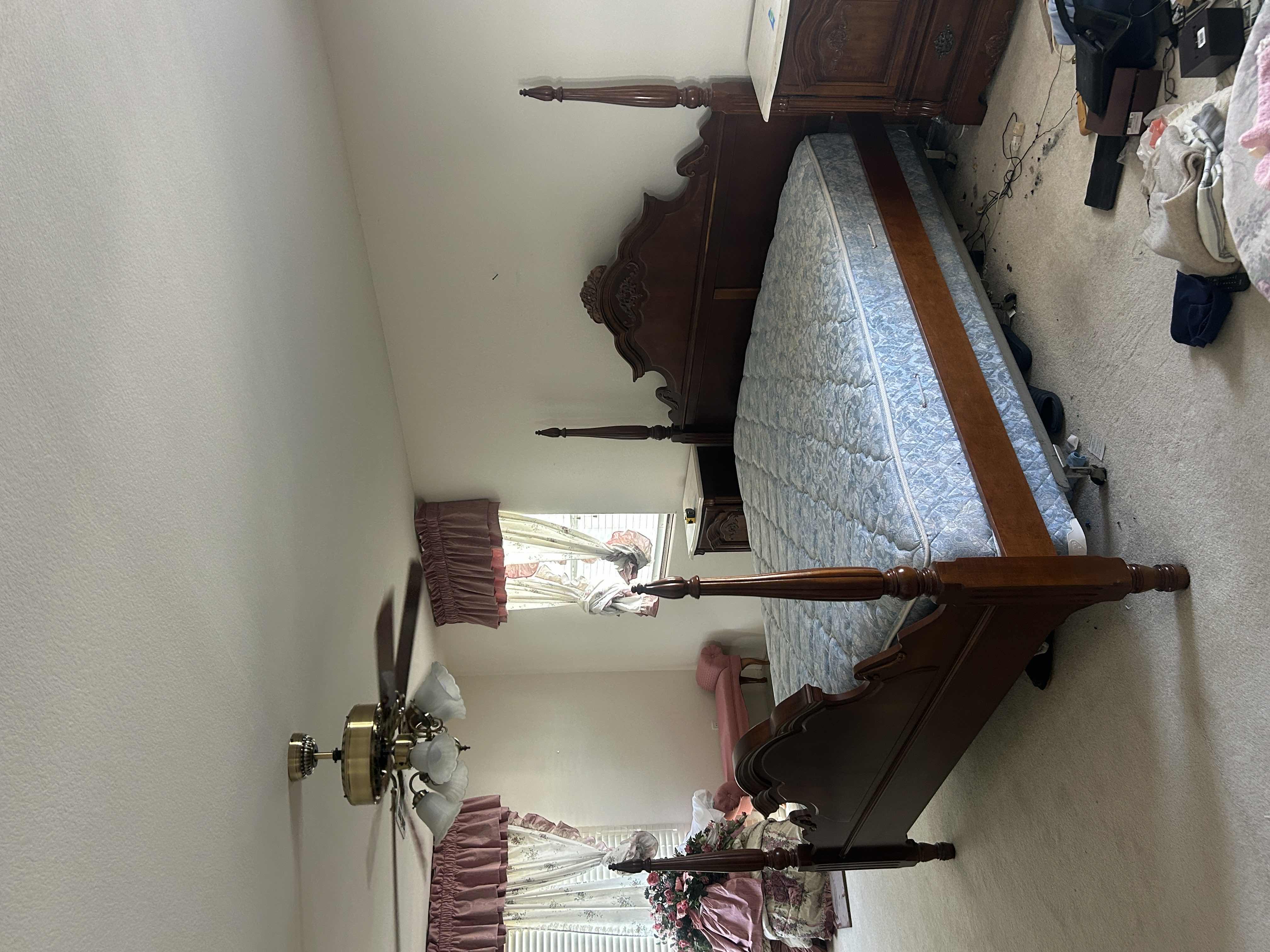 Photo 1 of CHERRY WOOD VINTAGE FOUR POSTER BED FEATURING TURNED POSTS WITH FINIALS AND CARVED ARCHED HEADBOARD, 81“ x 94” x H67” $2200