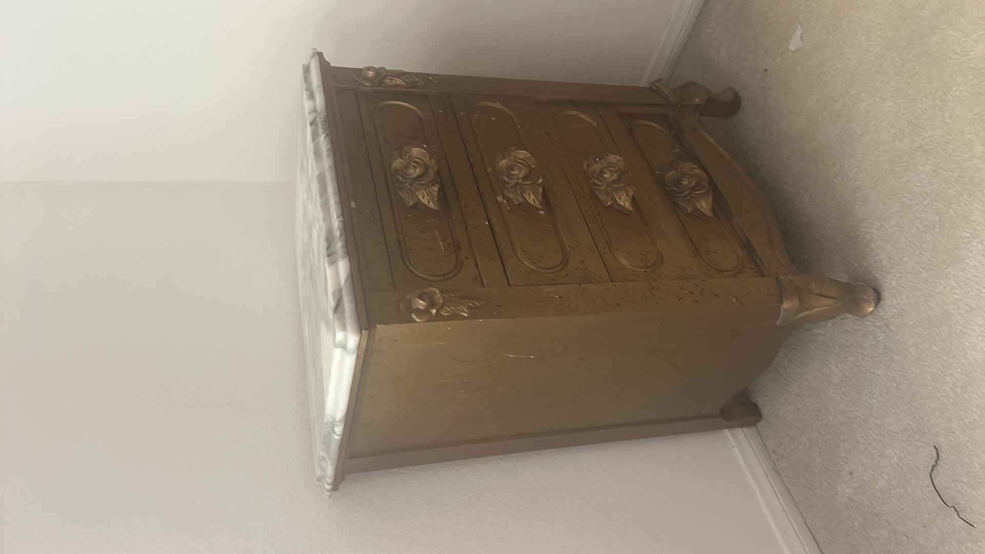 Photo 1 of FRENCH PROVINCIAL STYLE MARBLE TOP NIGHTSTAND FEATURING CARVED, ROSE DRAWER POLES 19“ x 15“ x H28“