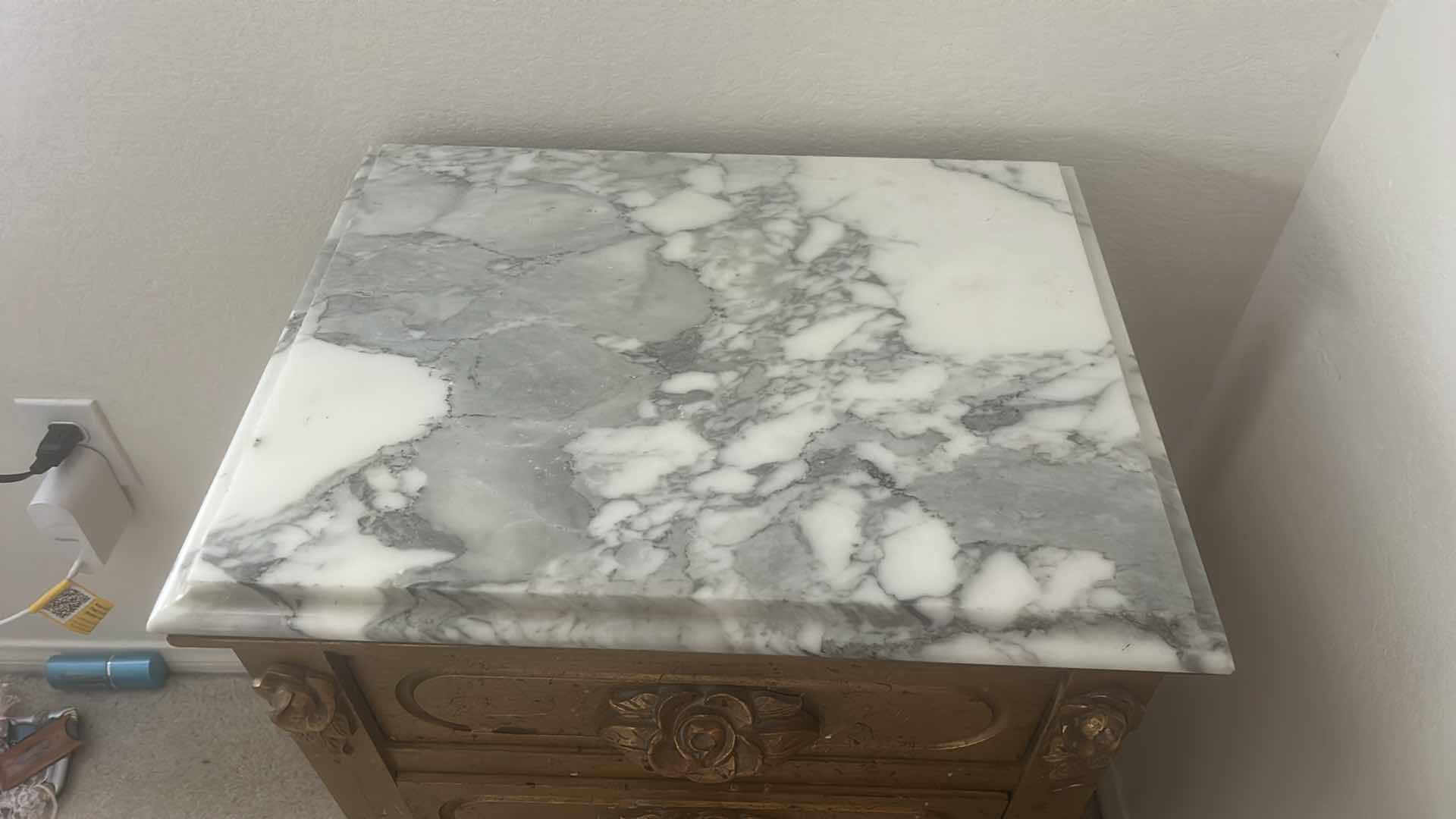 Photo 1 of FRENCH PROVINCIAL STYLE MARBLE TOP NIGHTSTAND FEATURING CARVED, ROSE DRAWER POLES 19“ x 15“ x H28“
