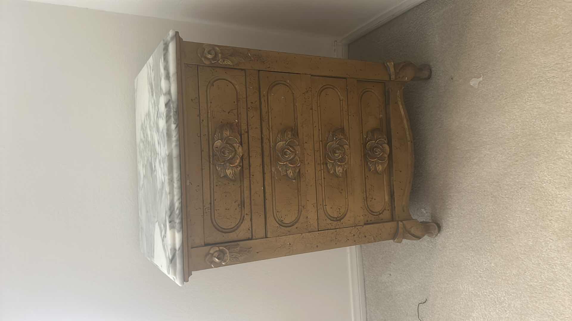 Photo 1 of FRENCH PROVINCIAL STYLE MARBLE TOP NIGHTSTAND FEATURING CARVED, ROSE DRAWER POLES 19“ x 15“ x H28“