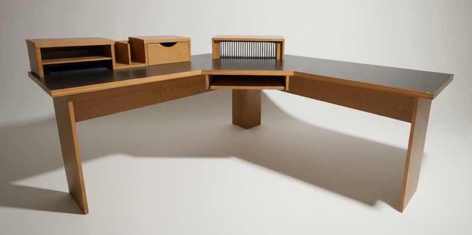 Photo 1 of L-SHAPED CORNER COMPUTER DESK WITH BLACK LAMINATE TOP, SLIDE-OUT KEYBOARD TRAY, MONITOR RISER, STORAGE DRAWER, CD/MEDIA RACK, AND PAPER ORGANIZER 86”X33”H27”