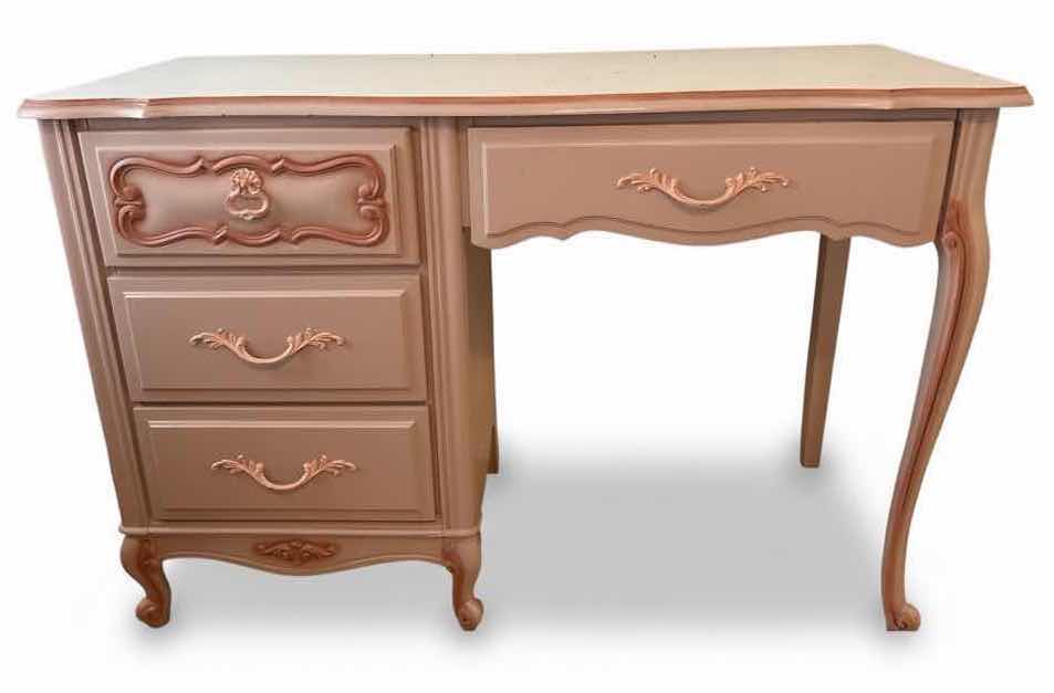 Photo 1 of LEA INDUSTRIES FRENCH PROVINCIAL STYLE VANITY DESK WITH 4-DRAWERS, CABRIOLE LEGS, AND A TWO-TONE BLUSH PINK & IVORY
44.5”X16.5”H30.5” $1100